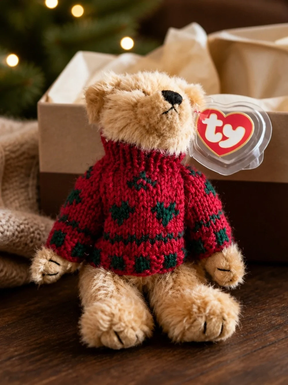Ty Plush Teddy Bear in Red and Green Knit Sweater